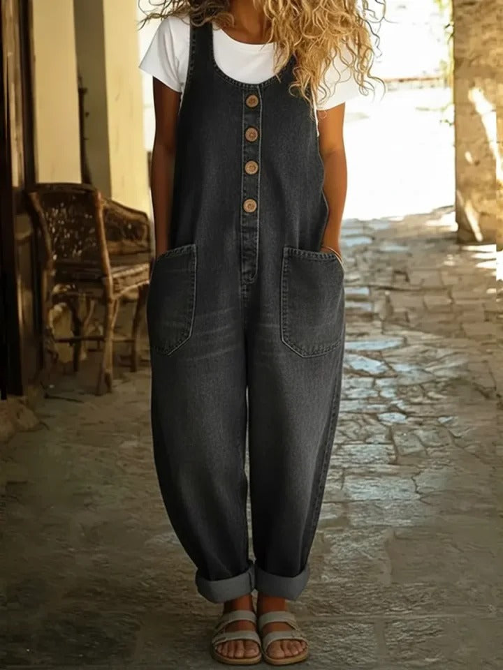 Dame Uten Ermer Vasket Bomullsdenim Jumpsuit