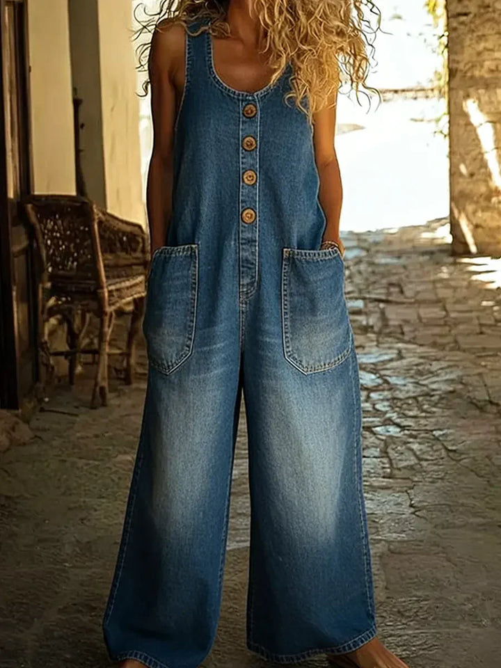 Dame Uten Ermer Vasket Bomullsdenim Jumpsuit